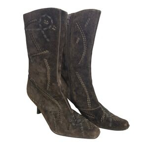 Y2K PARADE Boots Brown Suede Embroidered Detail Mid Calf Heeled Size 8 boho